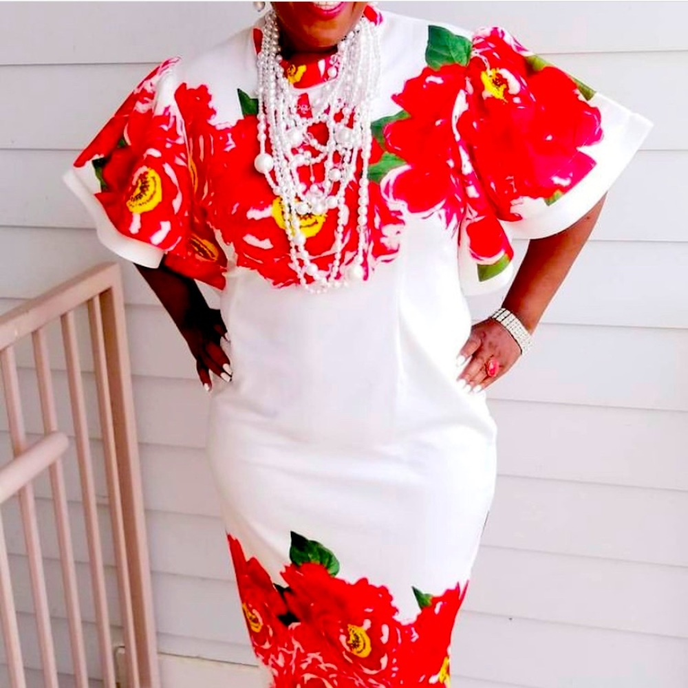 Beautiful White Dress with beautiful Red Flowers